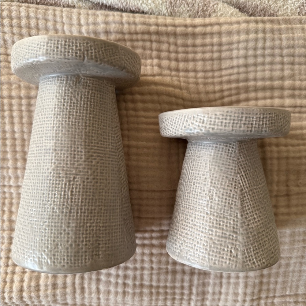 Textured Gray Ceramic Candle Holder Set